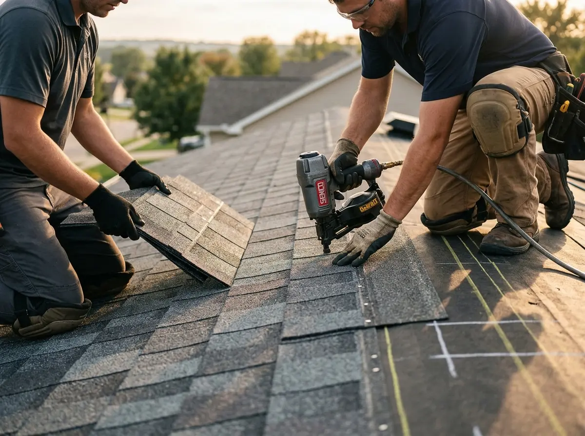 Professional roofer working on a residential roof in Valley Falls